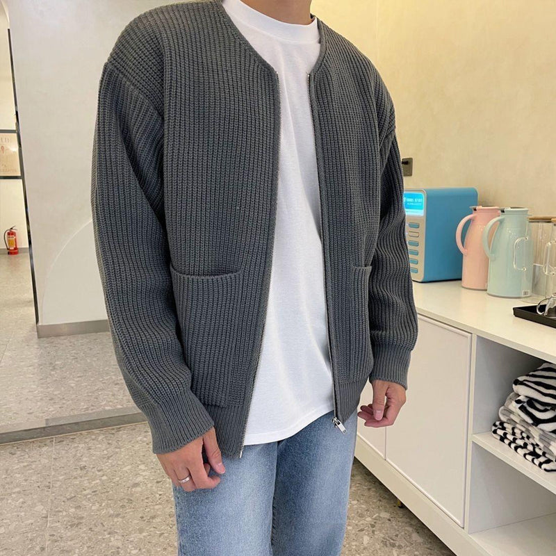 Men's Ribbed Full Zip Knit Cardigan – Collarless Long Sleeve Casual Everyday Wear
