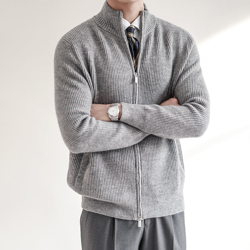 Men's Ribbed Full Zip Stand Collar Knit Cardigan – Long Sleeve Smart Casual Wear