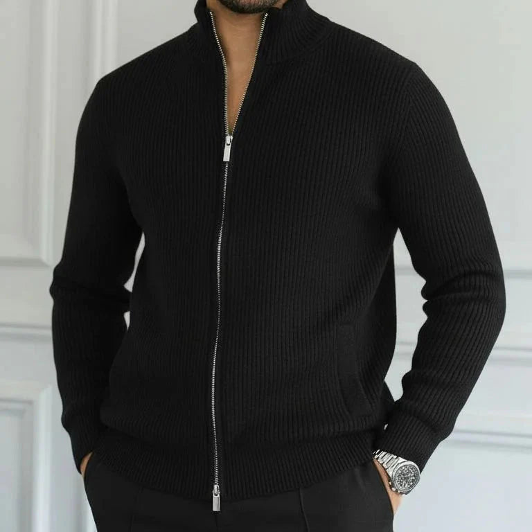 Men's Ribbed Full Zip Stand Collar Knit Cardigan – Long Sleeve Smart Casual Wear
