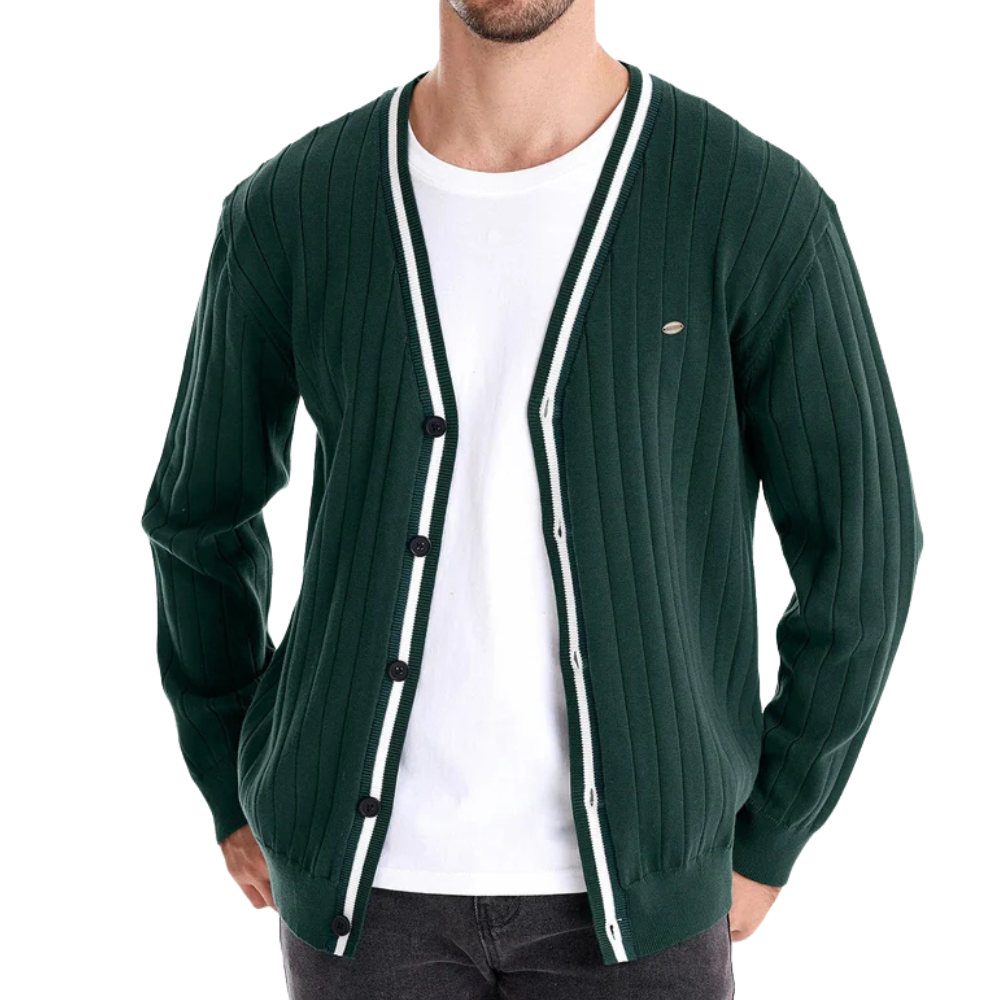 Men's Ribbed V Neck Button Cardigan – Contrast Trim Long Sleeve Casual Wear
