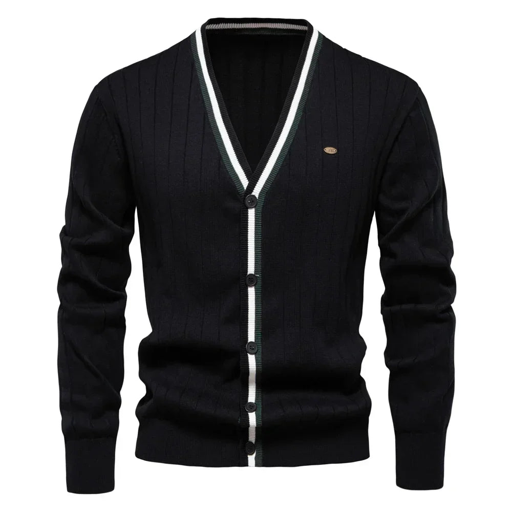 Men's Ribbed V Neck Button Cardigan – Contrast Trim Long Sleeve Casual Wear