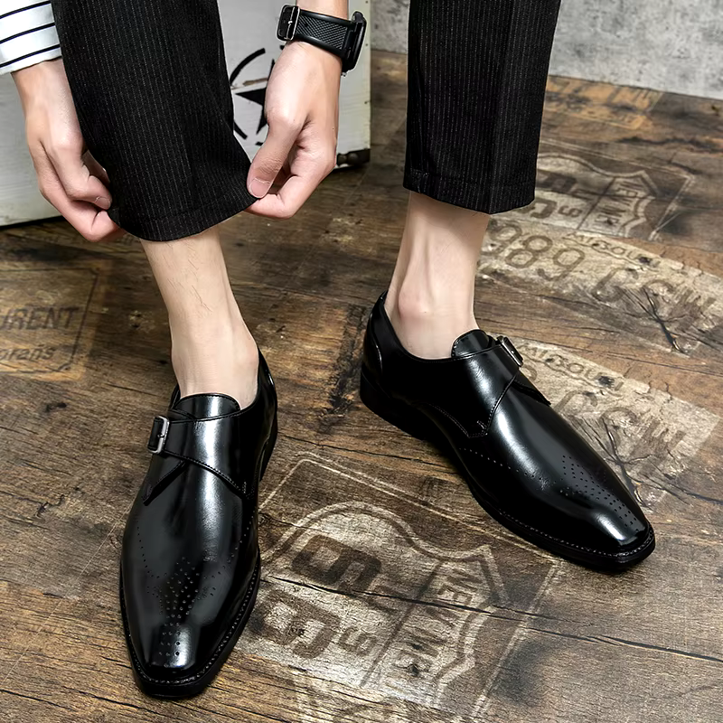 Men's Single Monk Strap Dress Shoes – Perforated Toe Cap Block Heel Formal