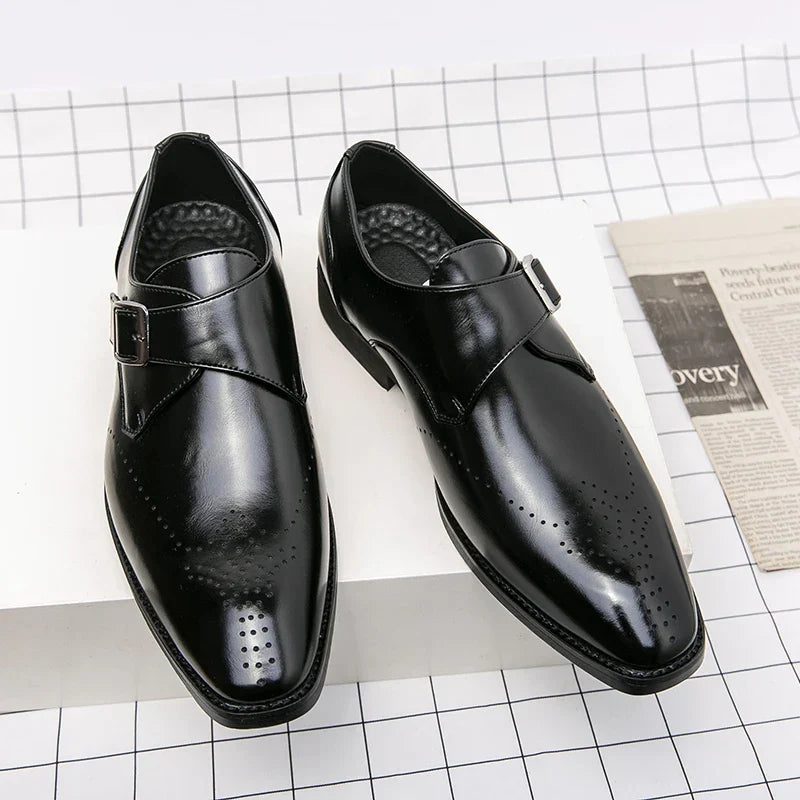 Men's Single Monk Strap Dress Shoes – Perforated Toe Cap Block Heel Formal