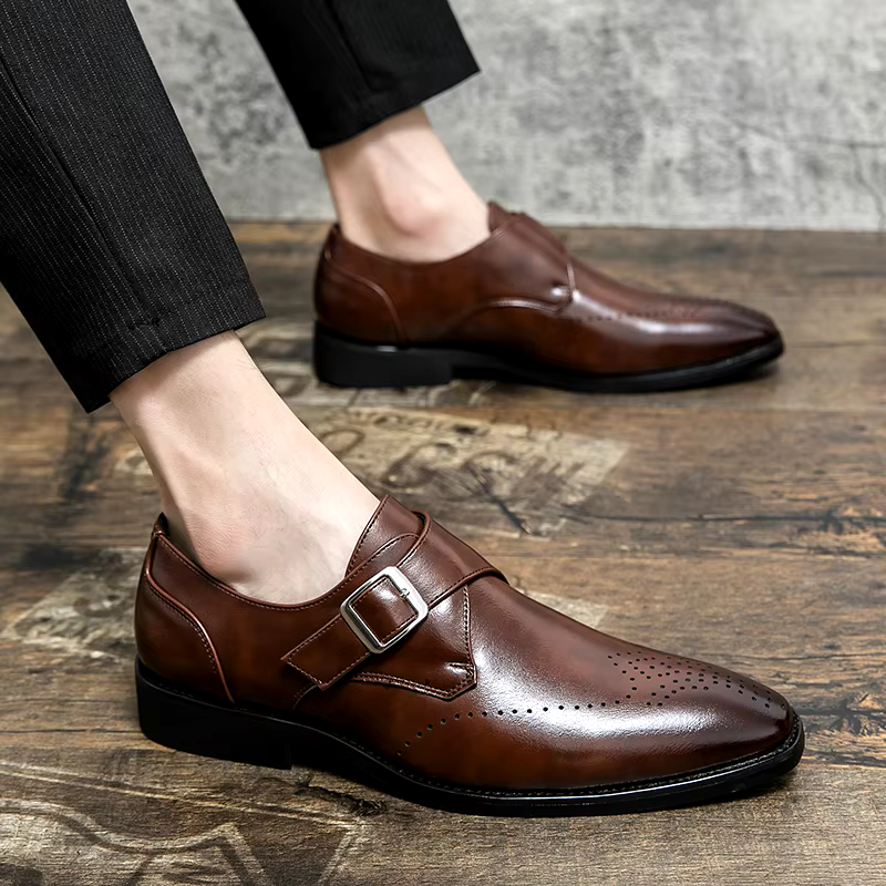 Men's Single Monk Strap Dress Shoes – Perforated Toe Cap Block Heel Formal
