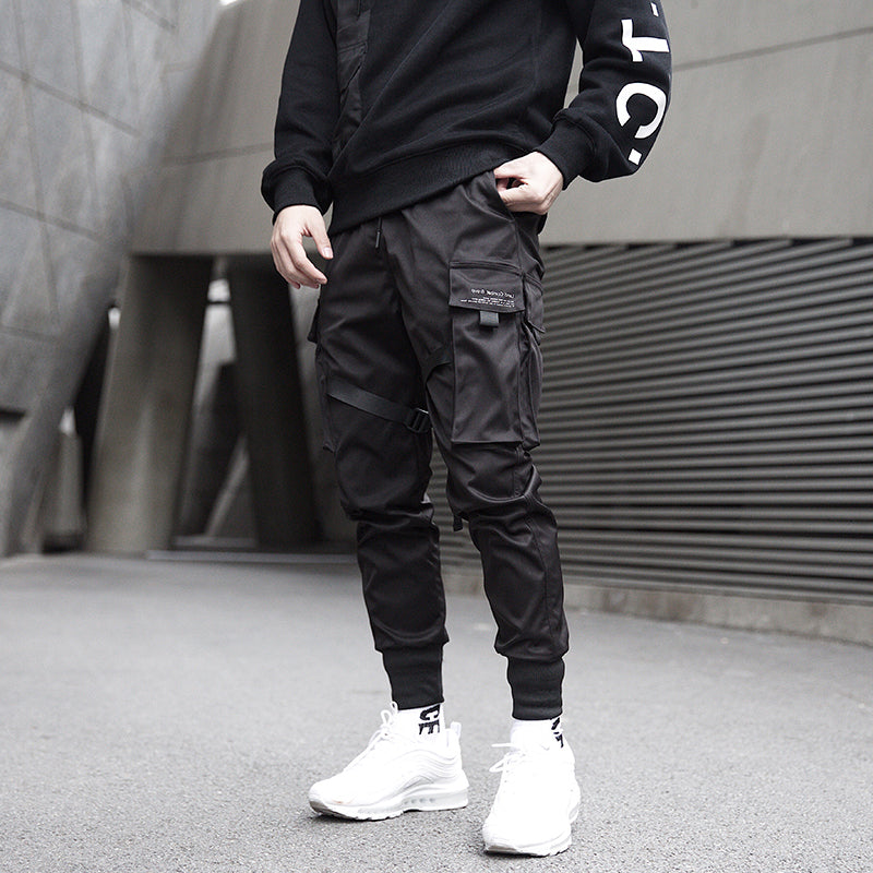 Men's Slim Fit Cargo Jogger Pants – Tapered Leg Strap Detail Ribbed Cuff Street