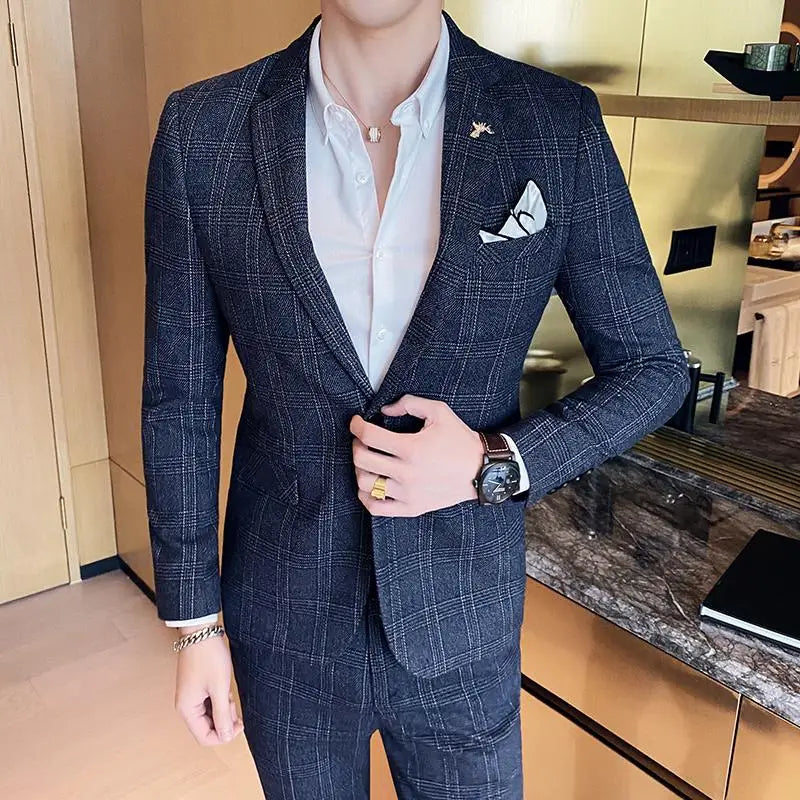 Men's Slim Fit Check Suit – Notch Lapel Single Breasted Two Piece Wedding