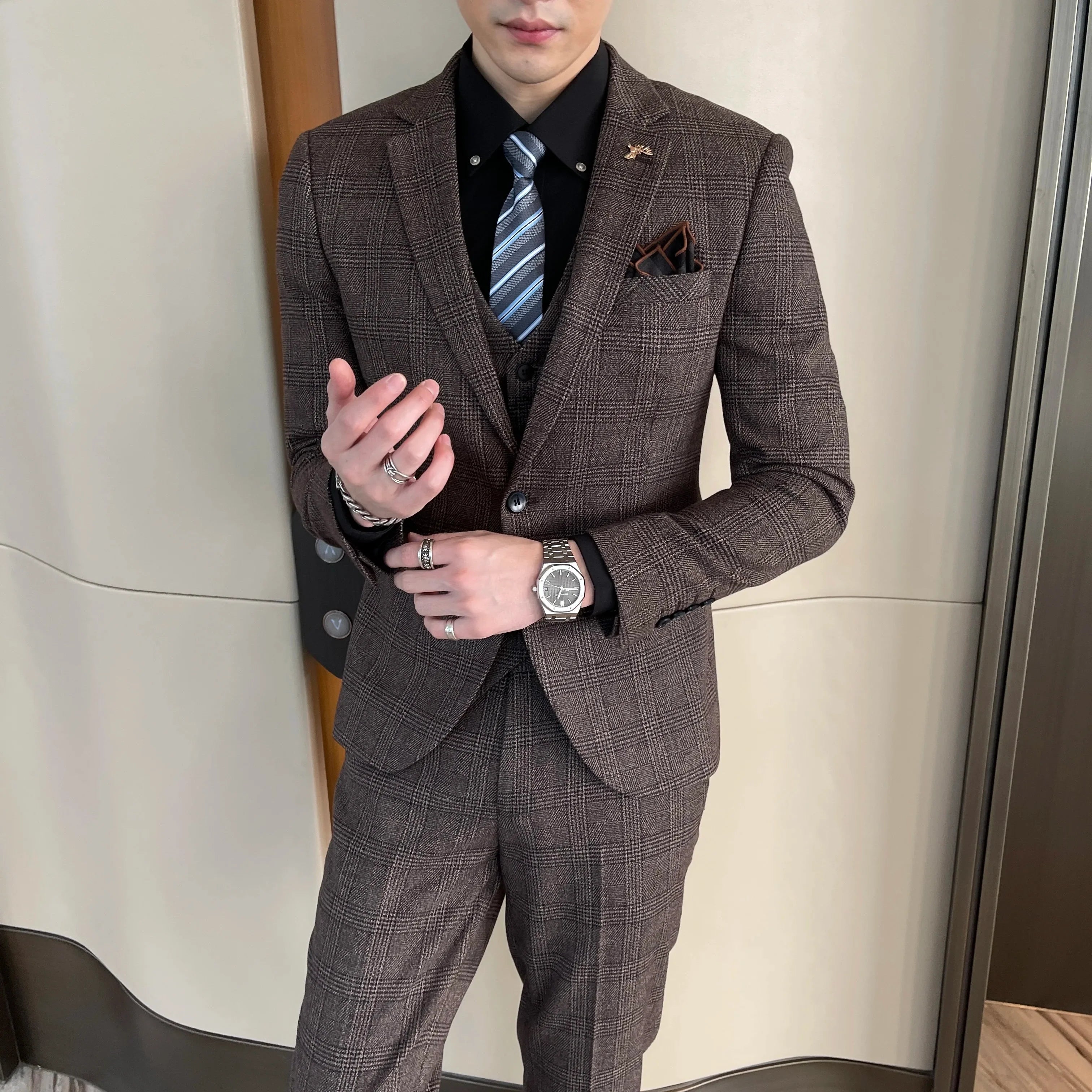 Men's Slim Fit Check Three Piece Suit – Notch Lapel Blazer Waistcoat Wedding