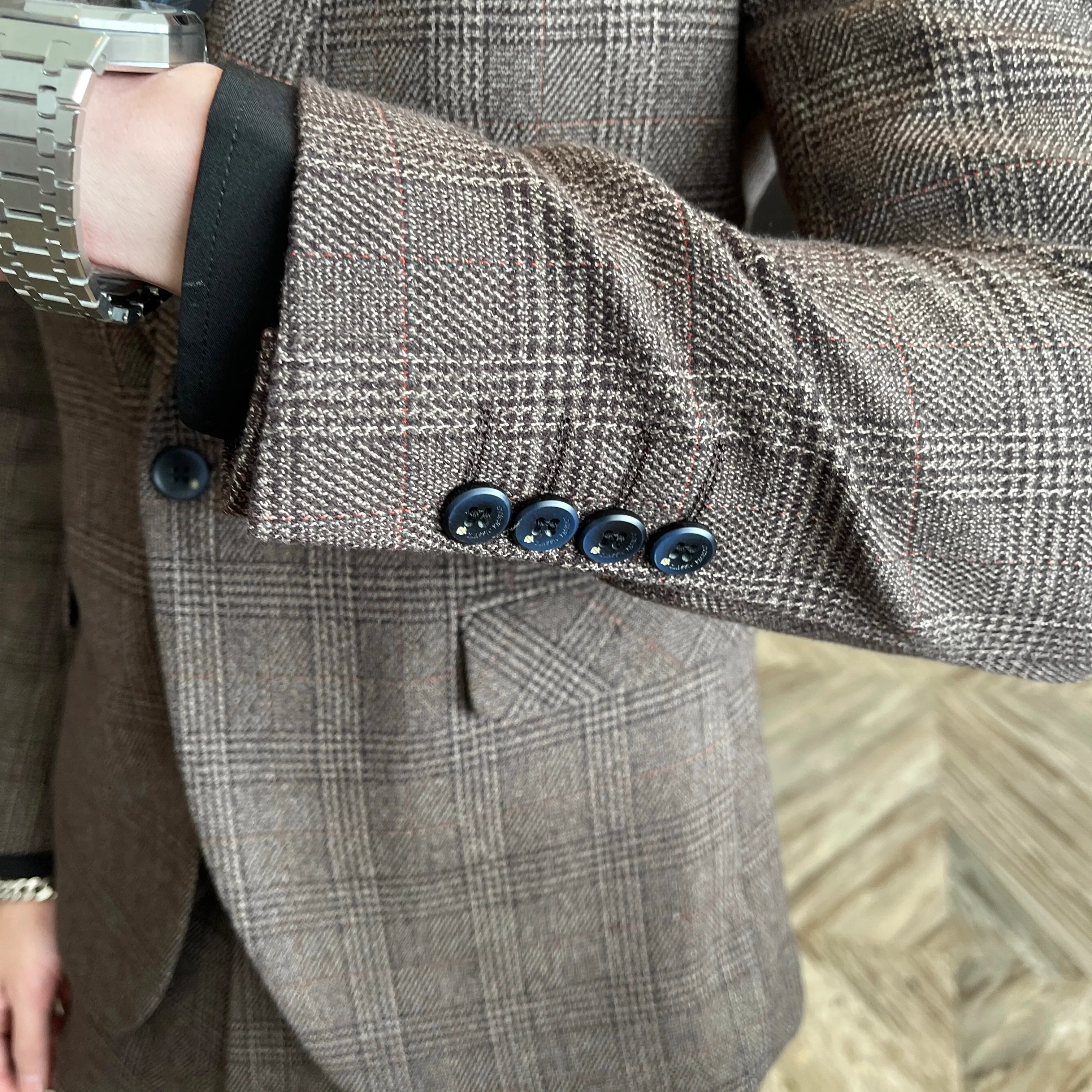 Men's Slim Fit Check Three Piece Suit – Notch Lapel Blazer Waistcoat Wedding