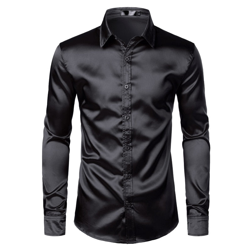 Men's Slim Fit Satin Shirt – Spread Collar Long Sleeve Formal Dress