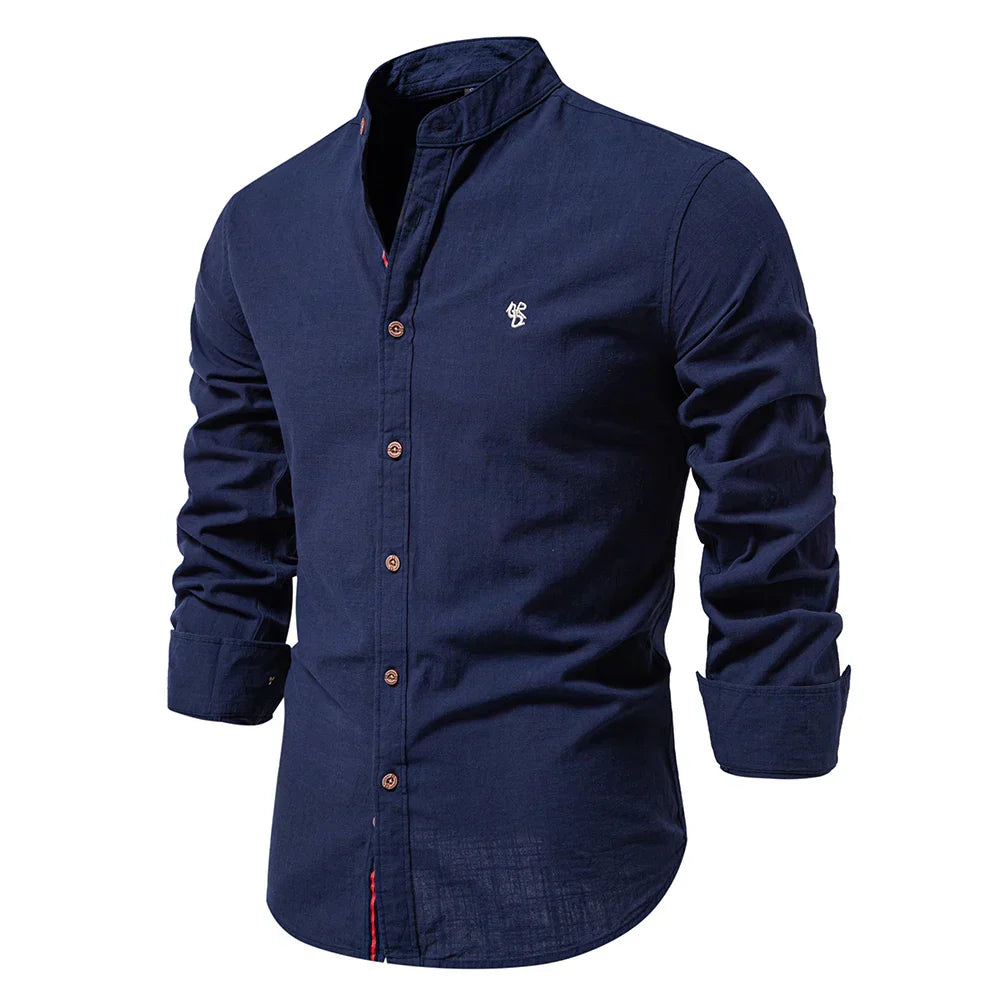 Men's Slim Fit Solid Shirt – Mandarin Collar Long Sleeve Smart Casual
