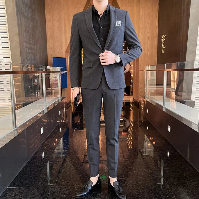 Men's Slim Fit Solid Two-Piece Suit – Notch Lapel Single Breasted Business Formal