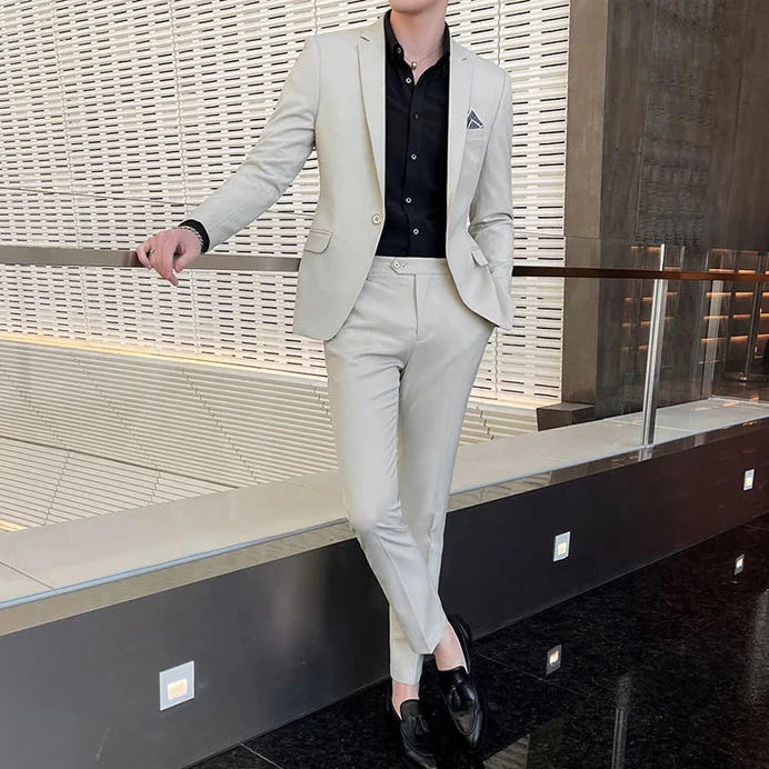 Men's Slim Fit Solid Two-Piece Suit – Notch Lapel Single Breasted Business Formal