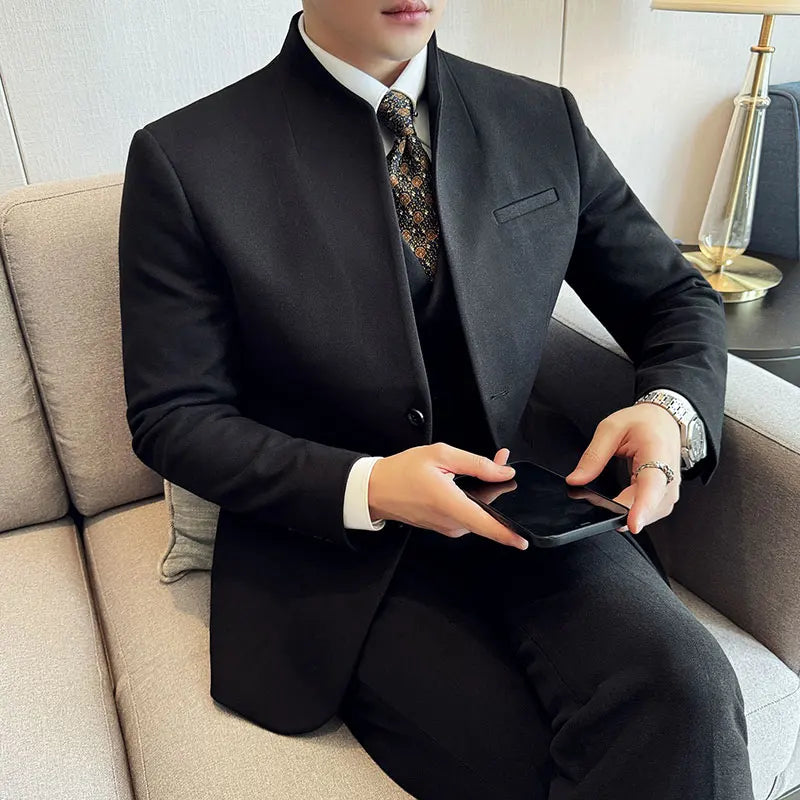 Men's Slim Fit Two Piece Suit – Stand Collar Single Breasted Formal