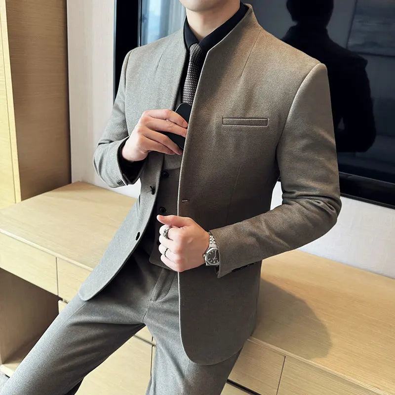 Men's Slim Fit Two Piece Suit – Stand Collar Single Breasted Formal