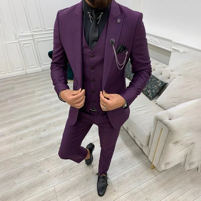 Men's Slim Solid Three Piece Suit Set – Notch Lapel Single Breasted Formal
