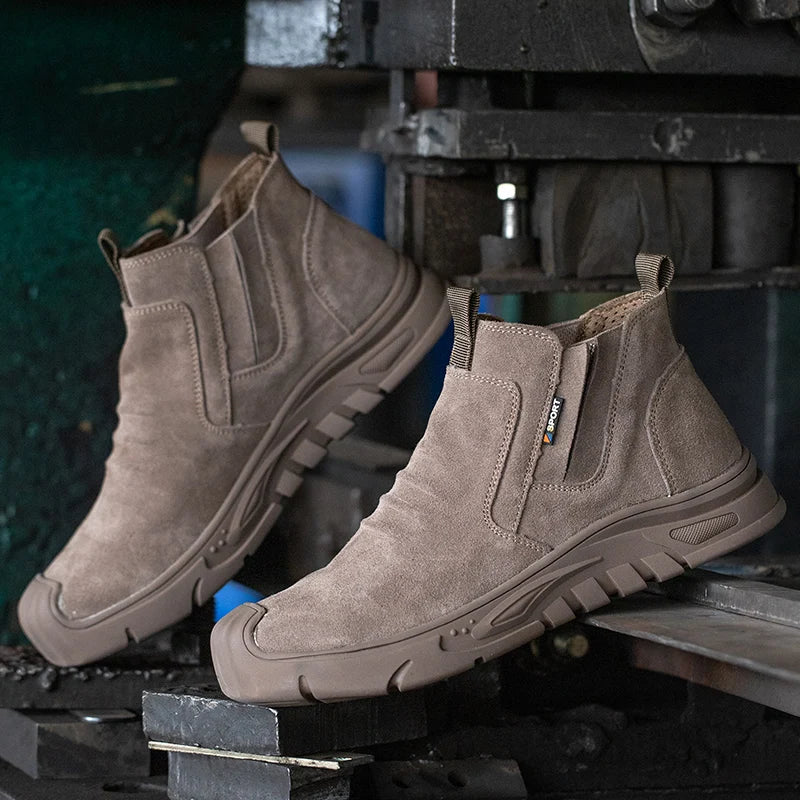 Men's Slip-On Steel Toe Work Boots – Suede Upper Pull Tab Industrial Safety
