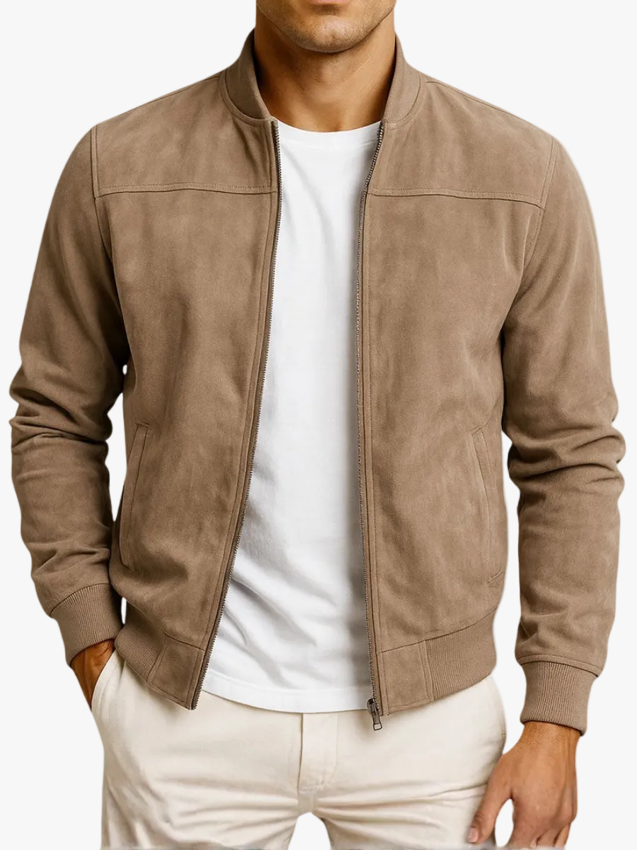 Men's Solid Suede Bomber Jacket – Full Zip Rib Trim Casual Outerwear