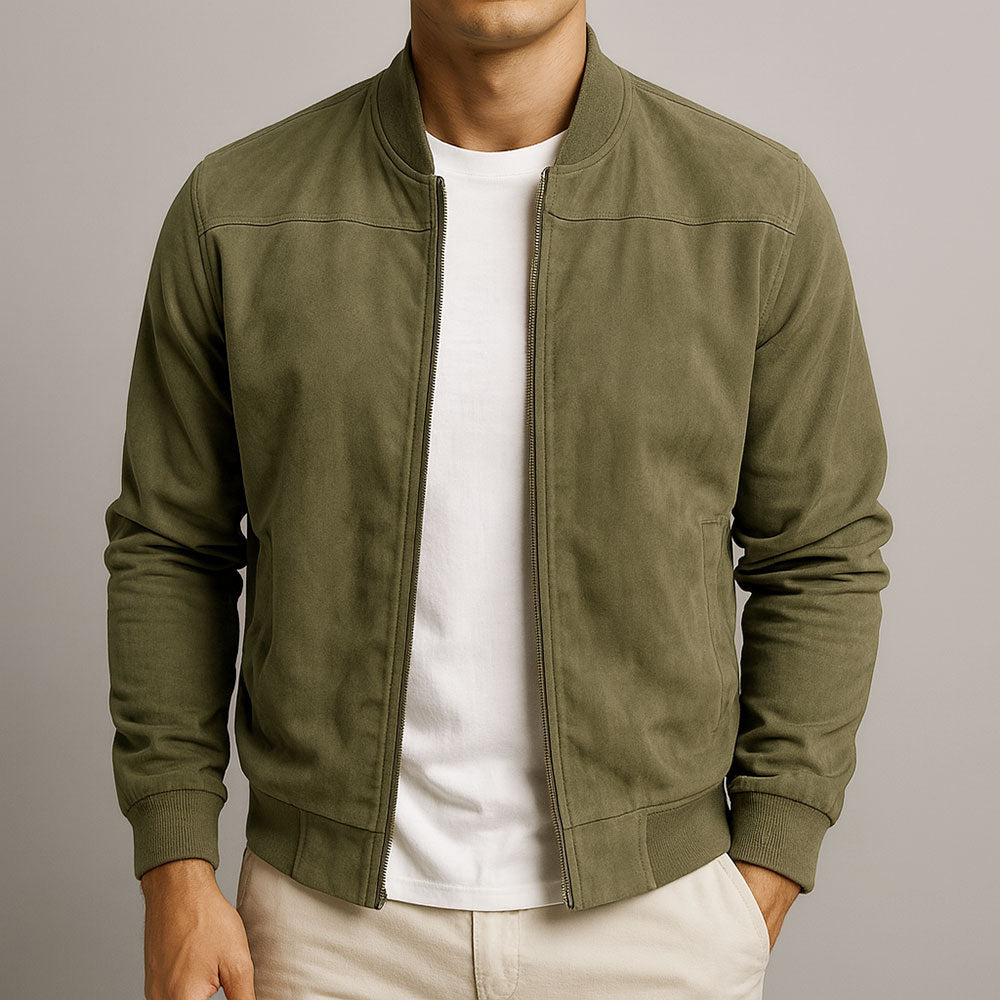 Men's Solid Suede Bomber Jacket – Full Zip Rib Trim Casual Outerwear