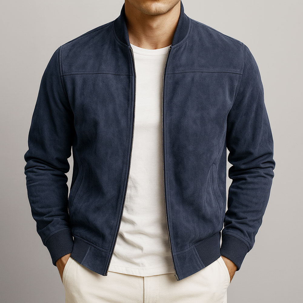 Men's Solid Suede Bomber Jacket – Full Zip Rib Trim Casual Outerwear