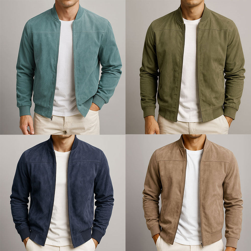 Men's Solid Suede Bomber Jacket – Full Zip Rib Trim Casual Outerwear