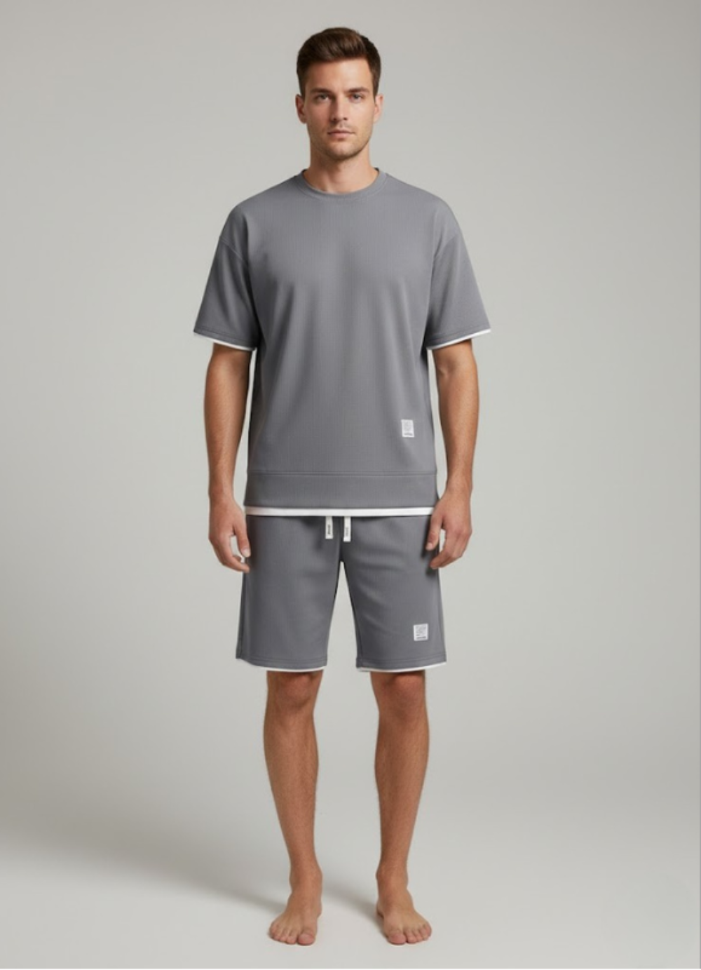 Men's Solid Waffle Knit 2 Piece Set – Crew Neck Tee Drawstring Shorts Casual