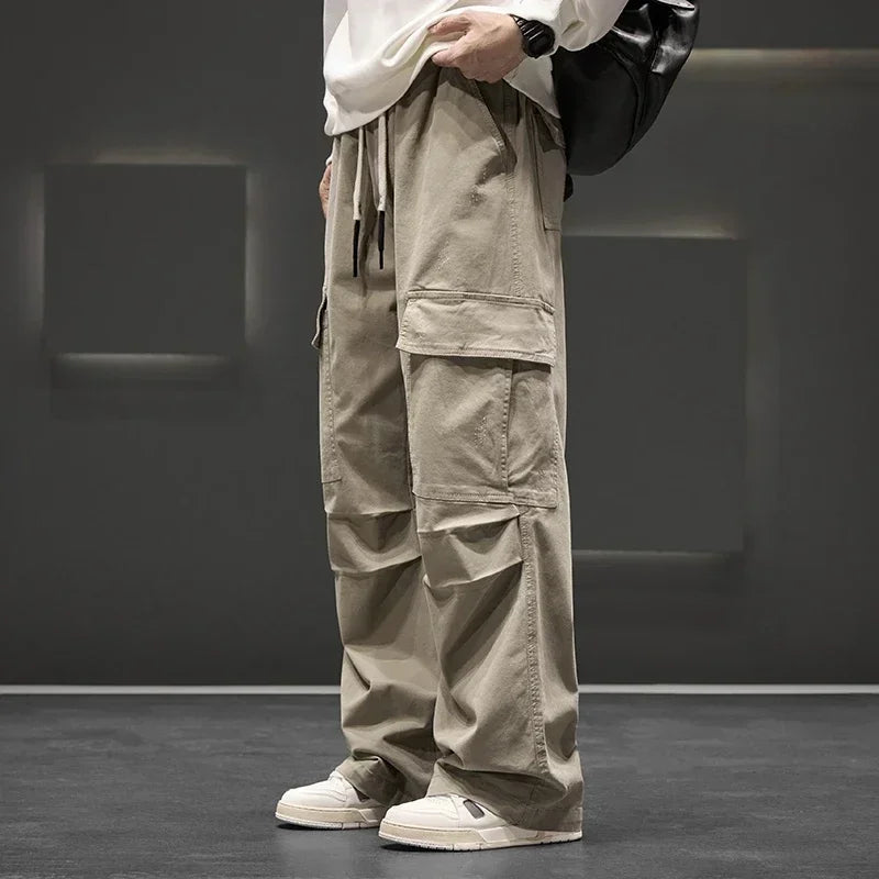 Men's Straight Leg Cargo Pants – Multi Pocket Drawstring Waist Street Outdoor