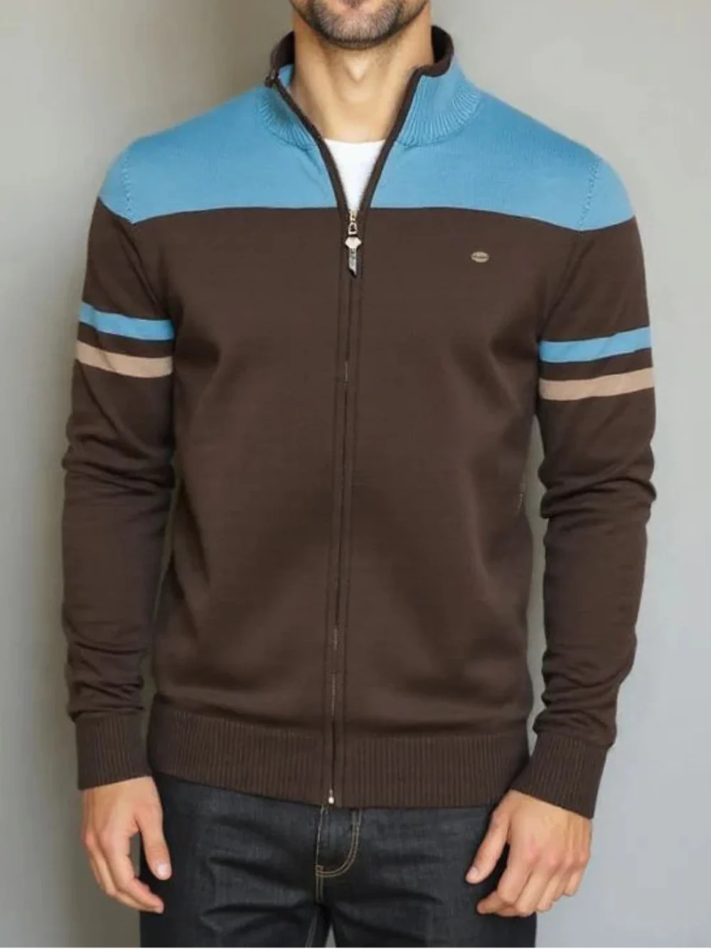 Men's Stripe Sleeve Full Zip Cardigan – Stand Collar Long Sleeve Everyday Wear