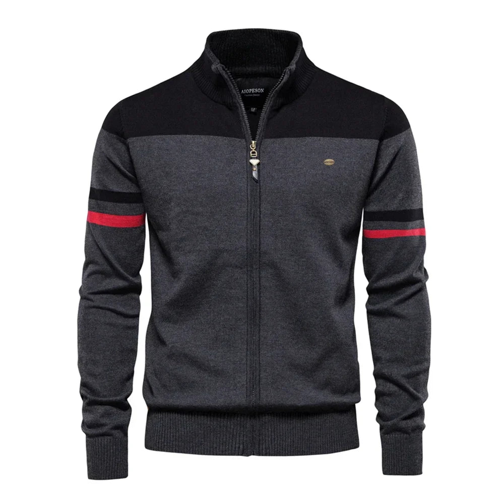 Men's Stripe Sleeve Full Zip Cardigan – Stand Collar Long Sleeve Everyday Wear