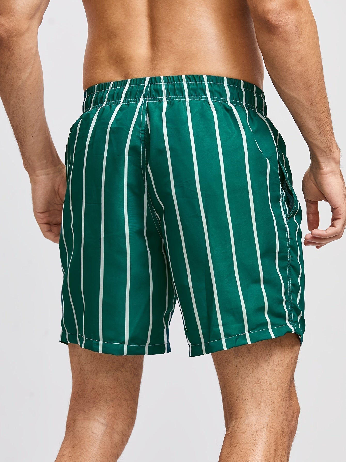 Men's Stripe Swimming Trunks – Drawstring Gathered Waist Side Pocket Beach