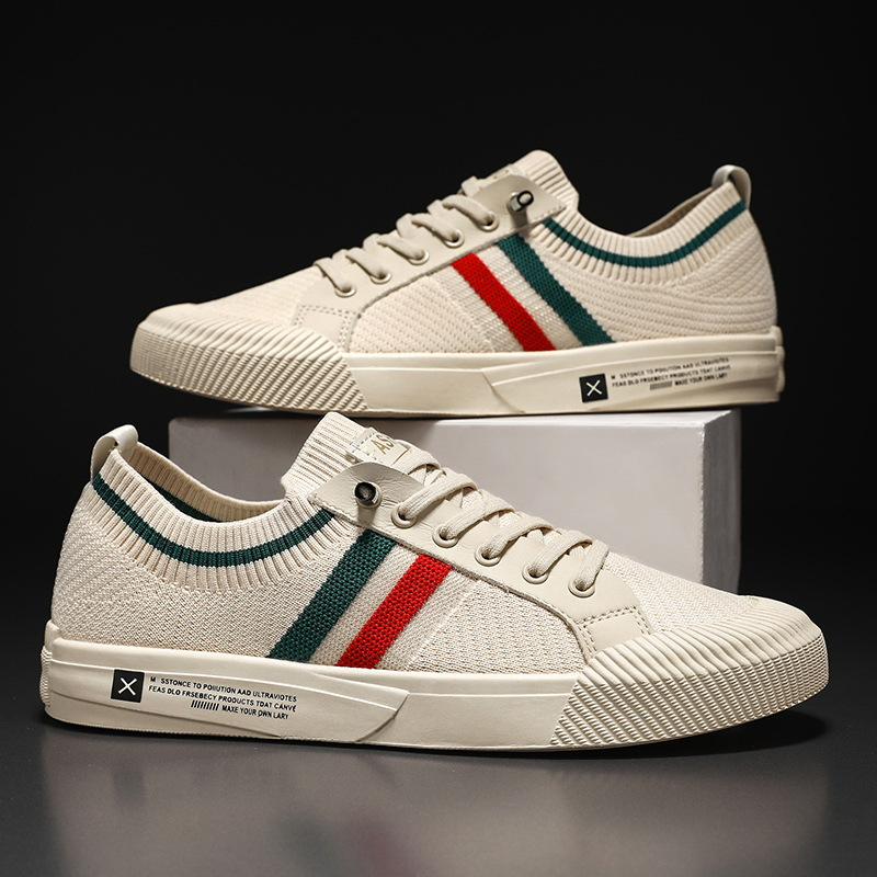 Men's Striped Knit Low Top Sneakers – Lace Up Round Toe Casual Street Shoes
