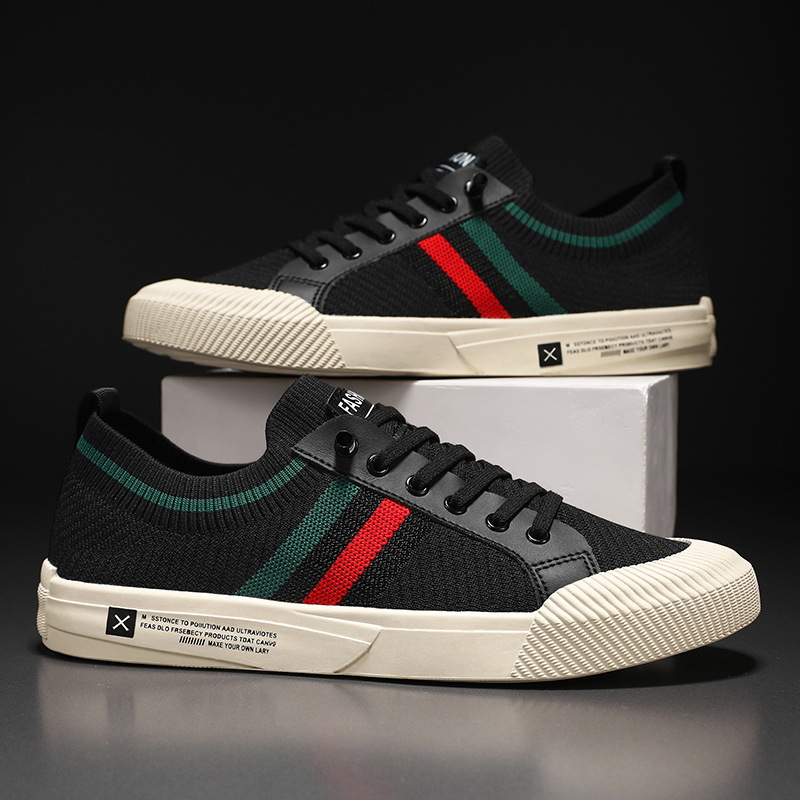 Men's Striped Knit Low Top Sneakers – Lace Up Round Toe Casual Street Shoes