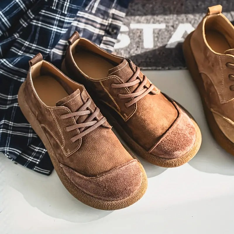 Men's Suede Lace-Up Low Top Derby Shoes – Round Toe Crepe Sole Casual