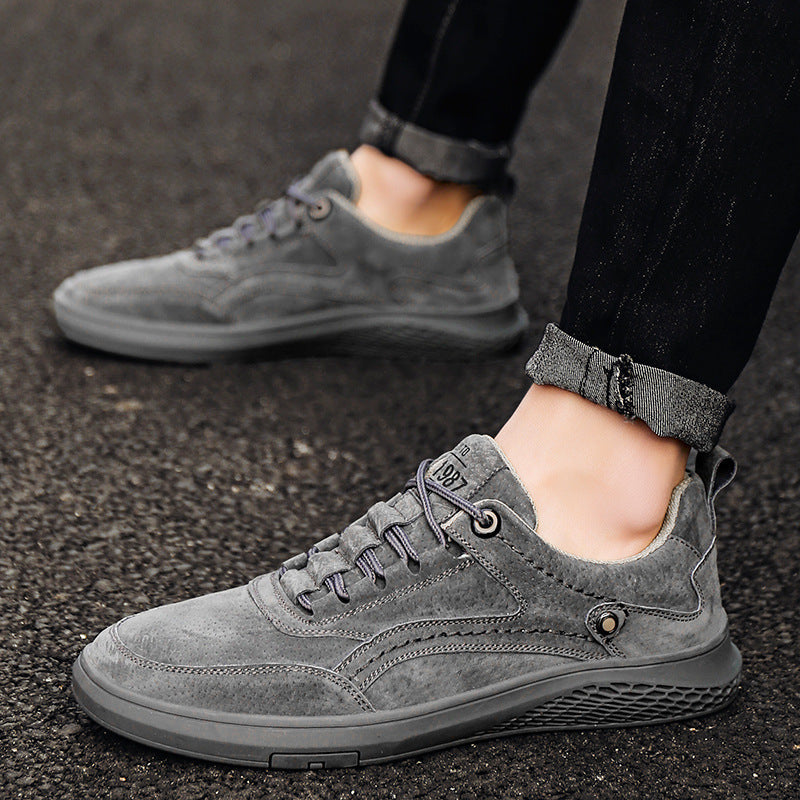 Men's Suede Low Top Sneakers – Lace Up Perforated Panel Round Toe Casual
