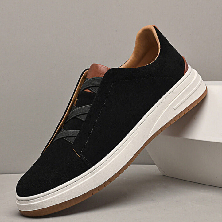 Men's Suede Sneakers – Elastic Cross Strap Low Top Contrast Heel Casual Shoes