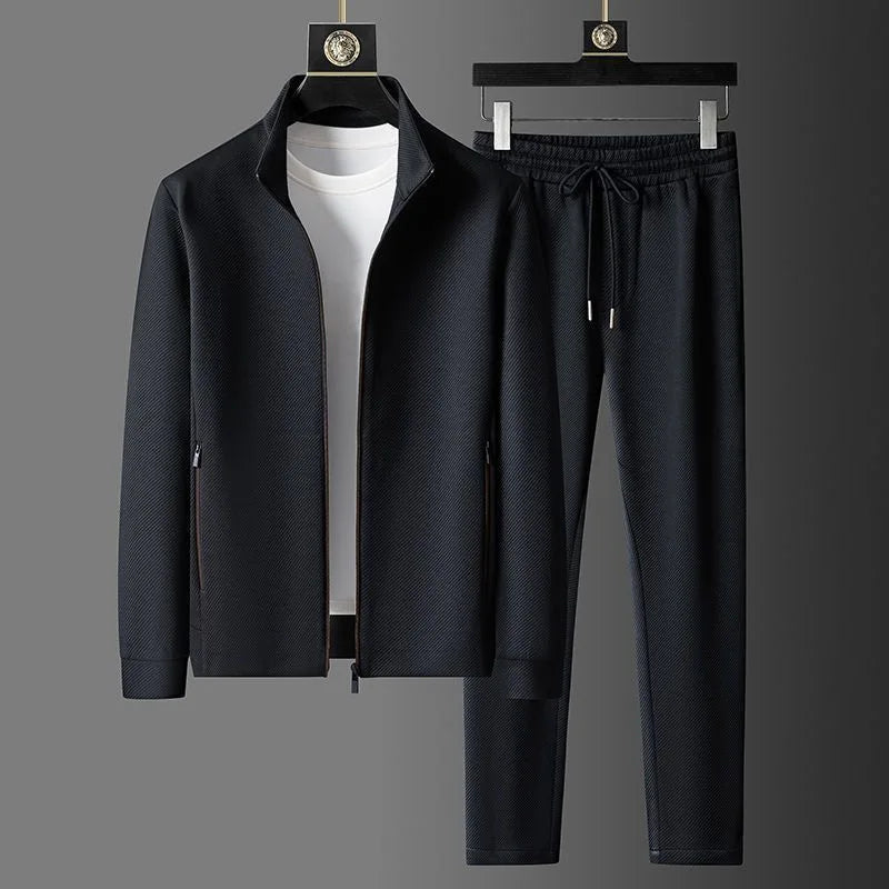 Men's Textured 2-Piece Tracksuit – Stand Collar Zip Up Drawstring Jogger Set