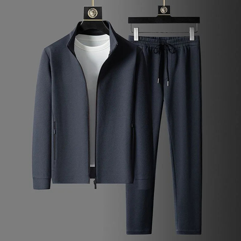 Men's Textured 2-Piece Tracksuit – Stand Collar Zip Up Drawstring Jogger Set