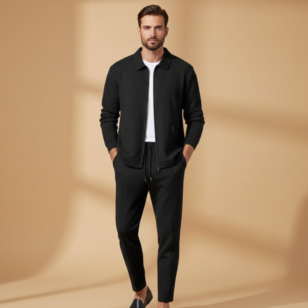 Men's Textured 2-Piece Tracksuit – Zip Up Jacket Drawstring Jogger Casual