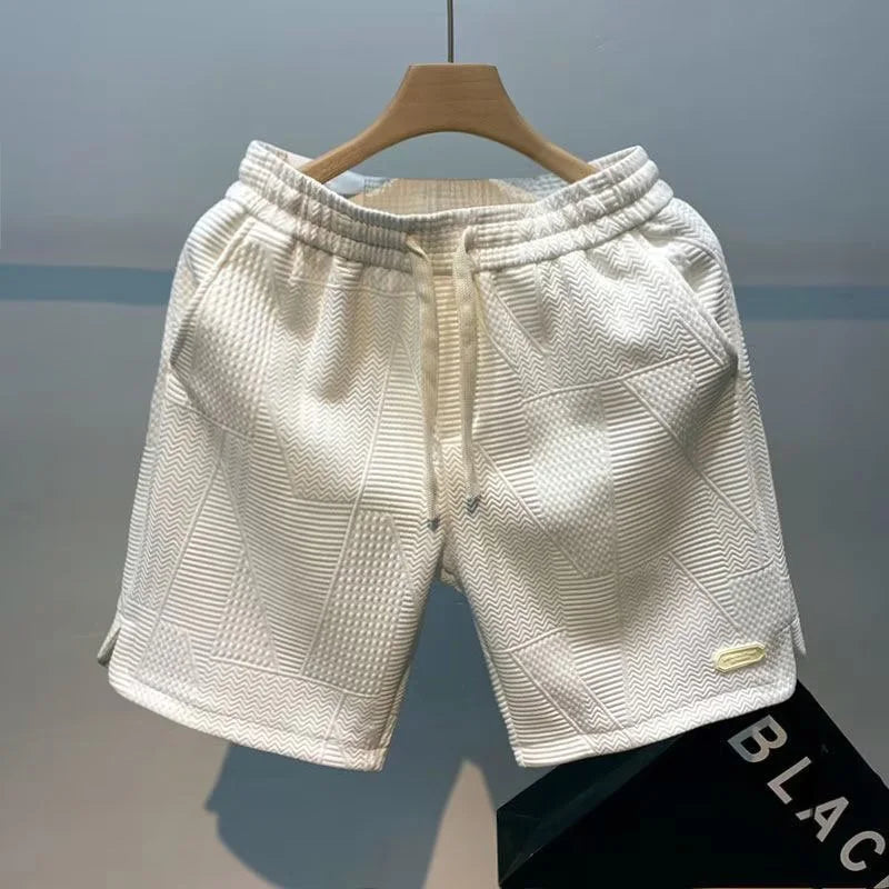 Men's Textured Drawstring Shorts – Pull On Ribbed Geometric Mid Length
