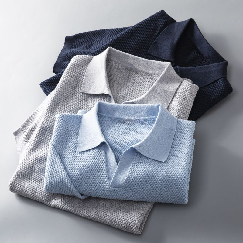 Men's Textured Knit Polo Shirt – Short Sleeve Open Collar Golf Casual