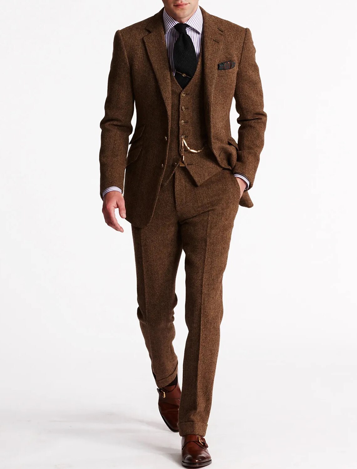 Men's Tweed Herringbone 3 Piece Suit – Slim Fit Notch Lapel Wedding Guest