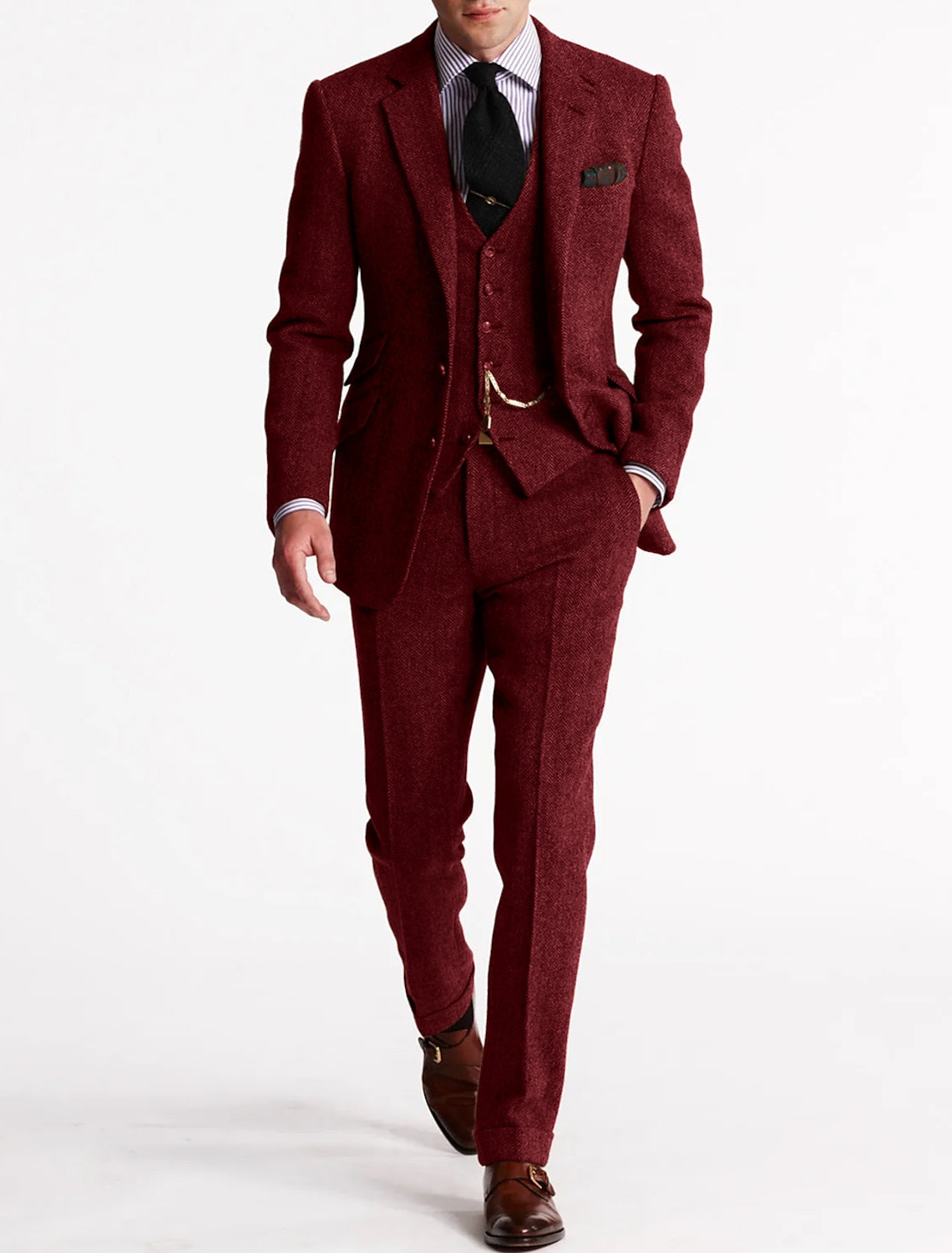 Men's Tweed Herringbone 3 Piece Suit – Slim Fit Notch Lapel Wedding Guest