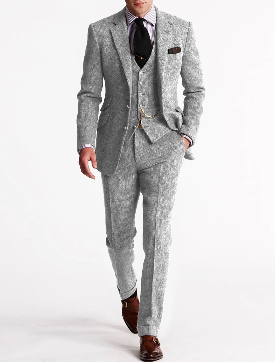 Men's Tweed Herringbone 3 Piece Suit – Slim Fit Notch Lapel Wedding Guest