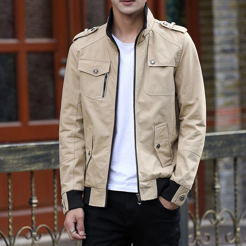 Men's Utility Bomber Jacket – Stand Collar Epaulette Multi Pocket Outerwear