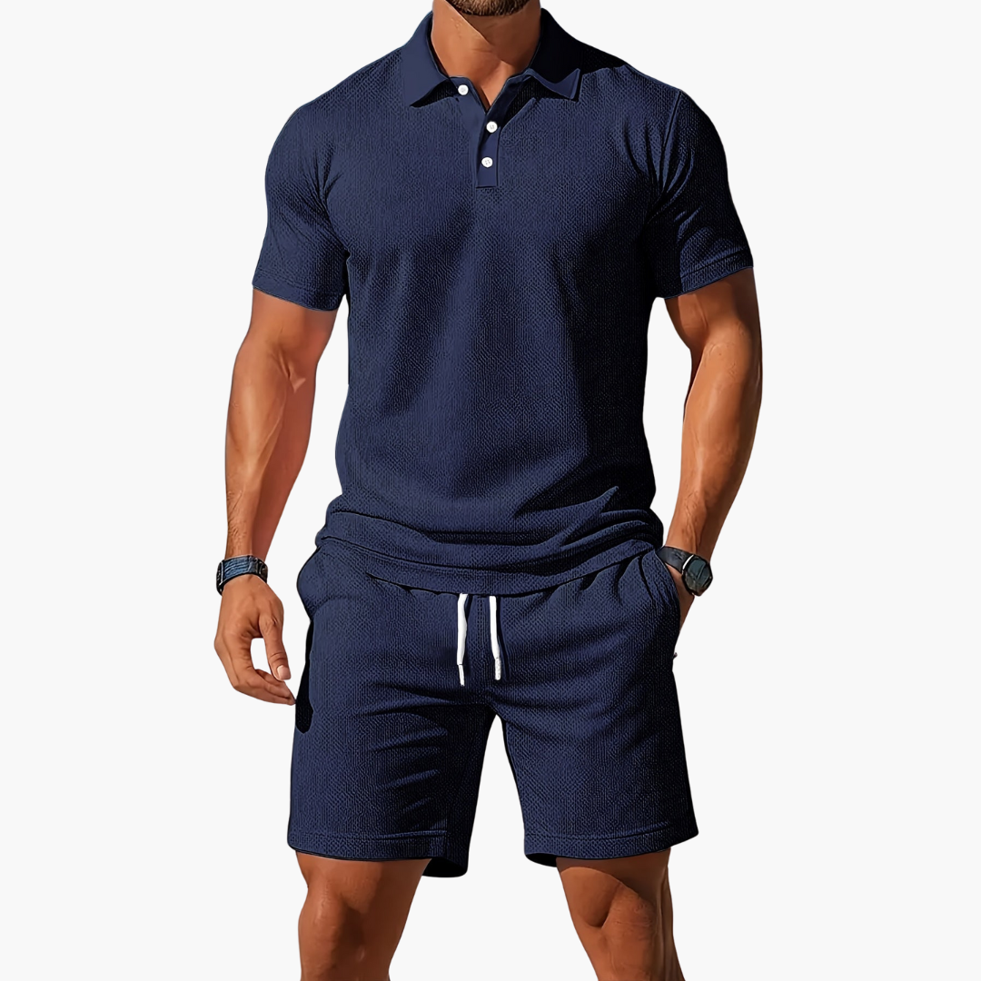 Men's Waffle Knit 2 Piece Set – Polo Shirt Drawstring Shorts Casual