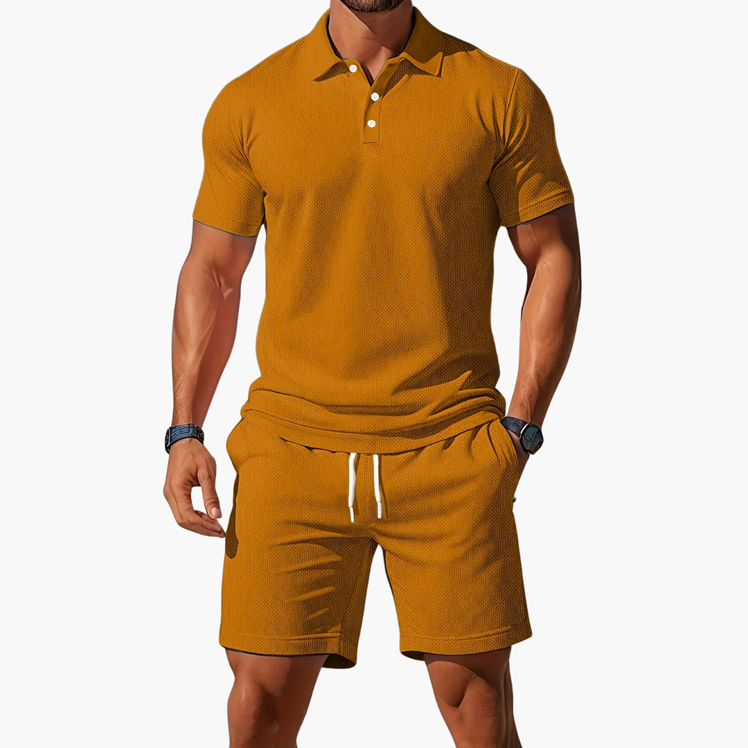 Men's Waffle Knit 2 Piece Set – Polo Shirt Drawstring Shorts Casual