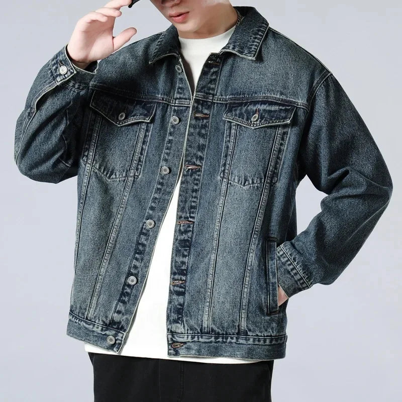 Men's Washed Denim Jacket – Button Front Chest Pocket Oversized Casual