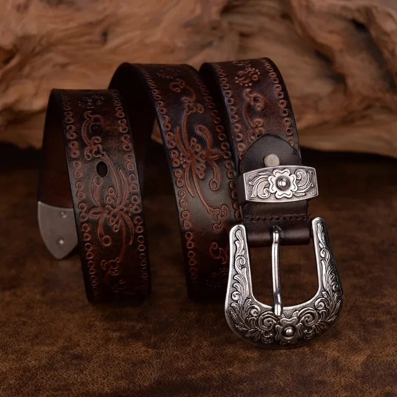 Men's Western Belt – Engraved Floral Buckle Embossed Strap Casual