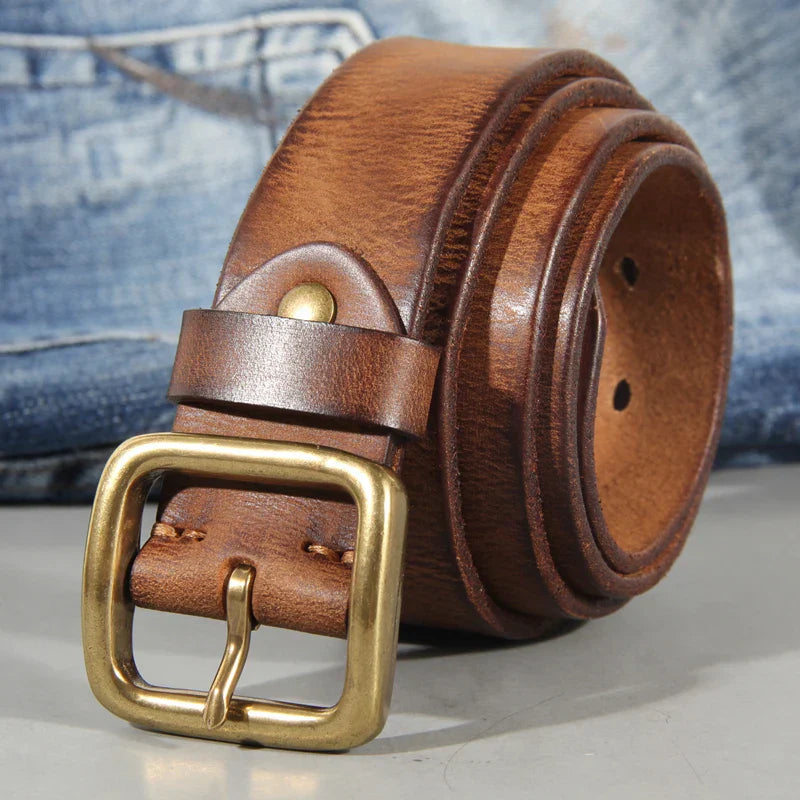 Men's Western Belt – Wide Strap Brass Pin Buckle Distressed Vintage Country