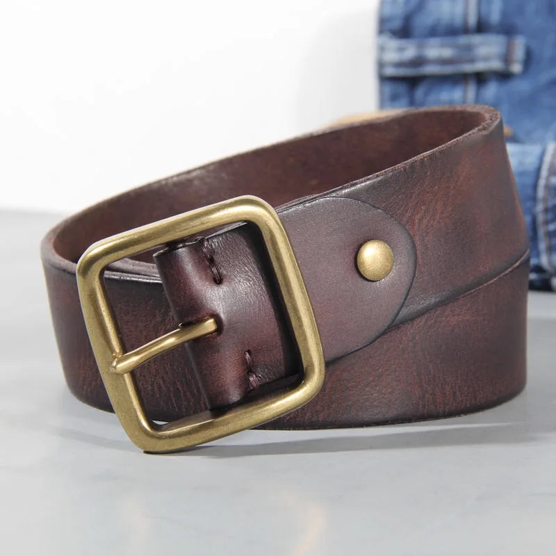 Men's Western Belt – Wide Strap Brass Pin Buckle Distressed Vintage Country