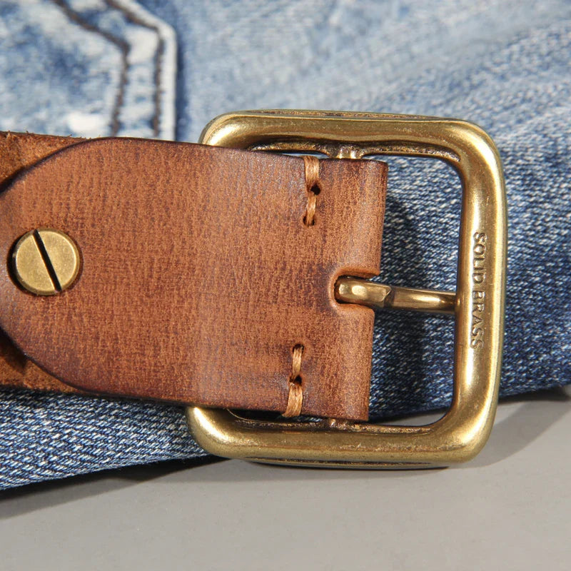Men's Western Belt – Wide Strap Brass Pin Buckle Distressed Vintage Country